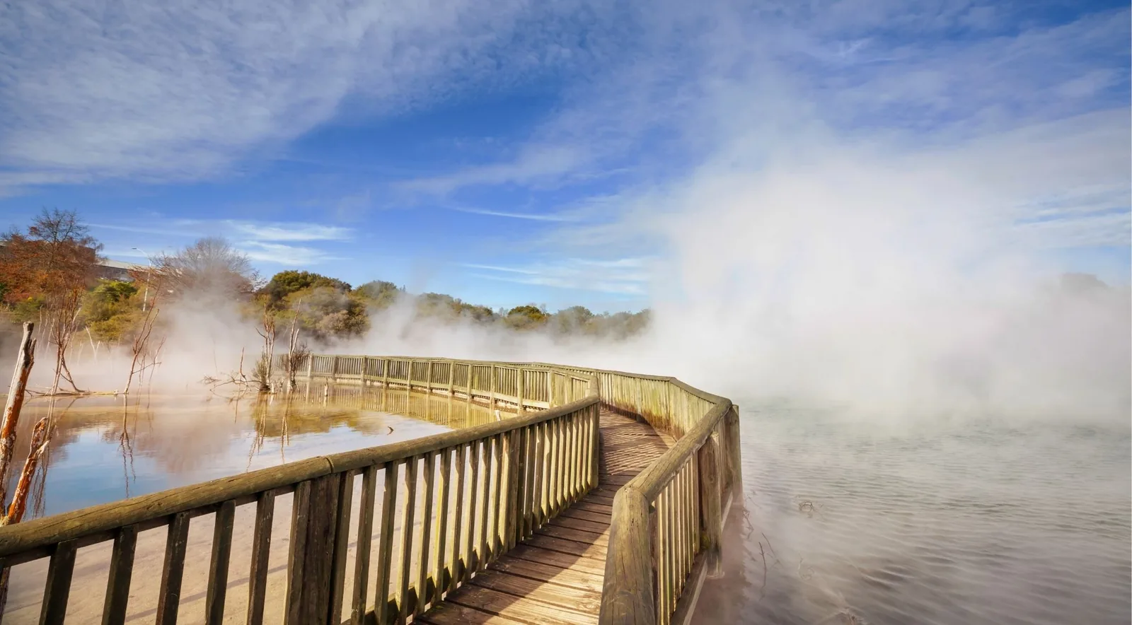 Boardwalk crossing a steaming lake at Kuirau Park in central Rotorua on an autumn morning