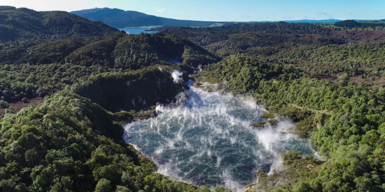 Aerial view of Frying Pan Lake steaming in the bush-clad Waimangu Volcanic Valley