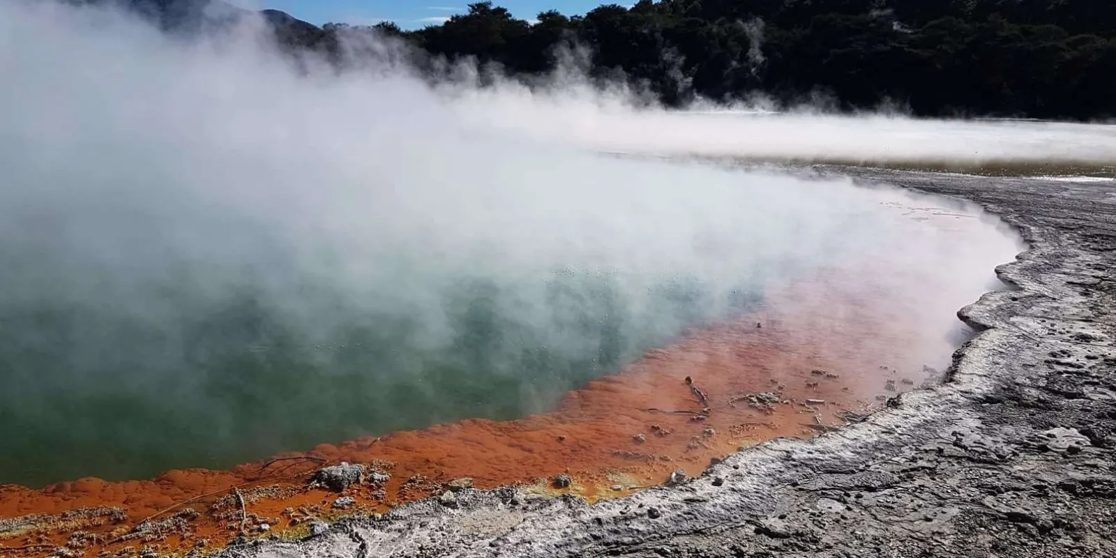 Steam rolling off the Champagne Pool's orange rim at Wai-O-Tapu