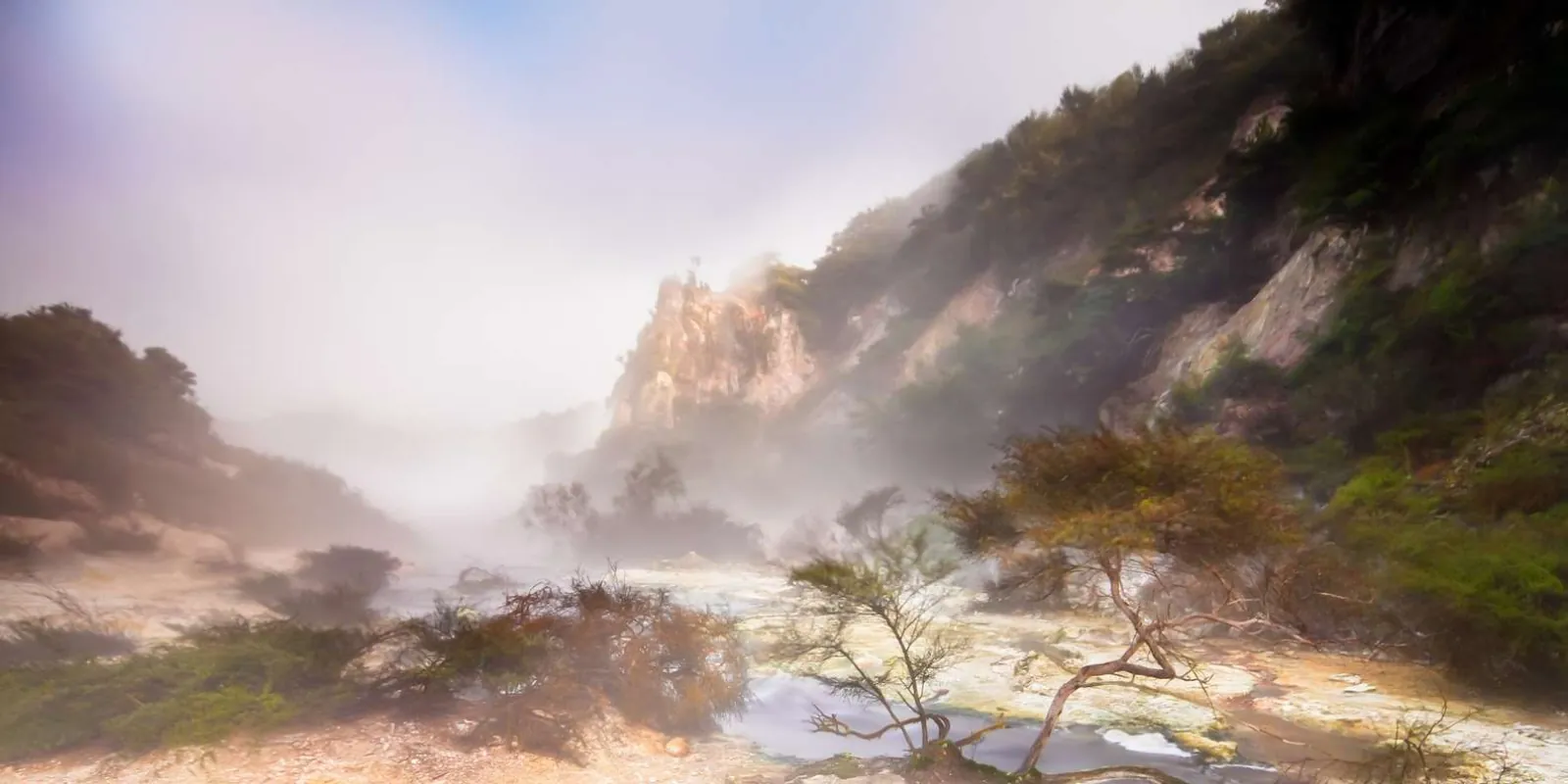 Mist hanging over the sinter floor and cliffs of the Waimangu Volcanic Valley