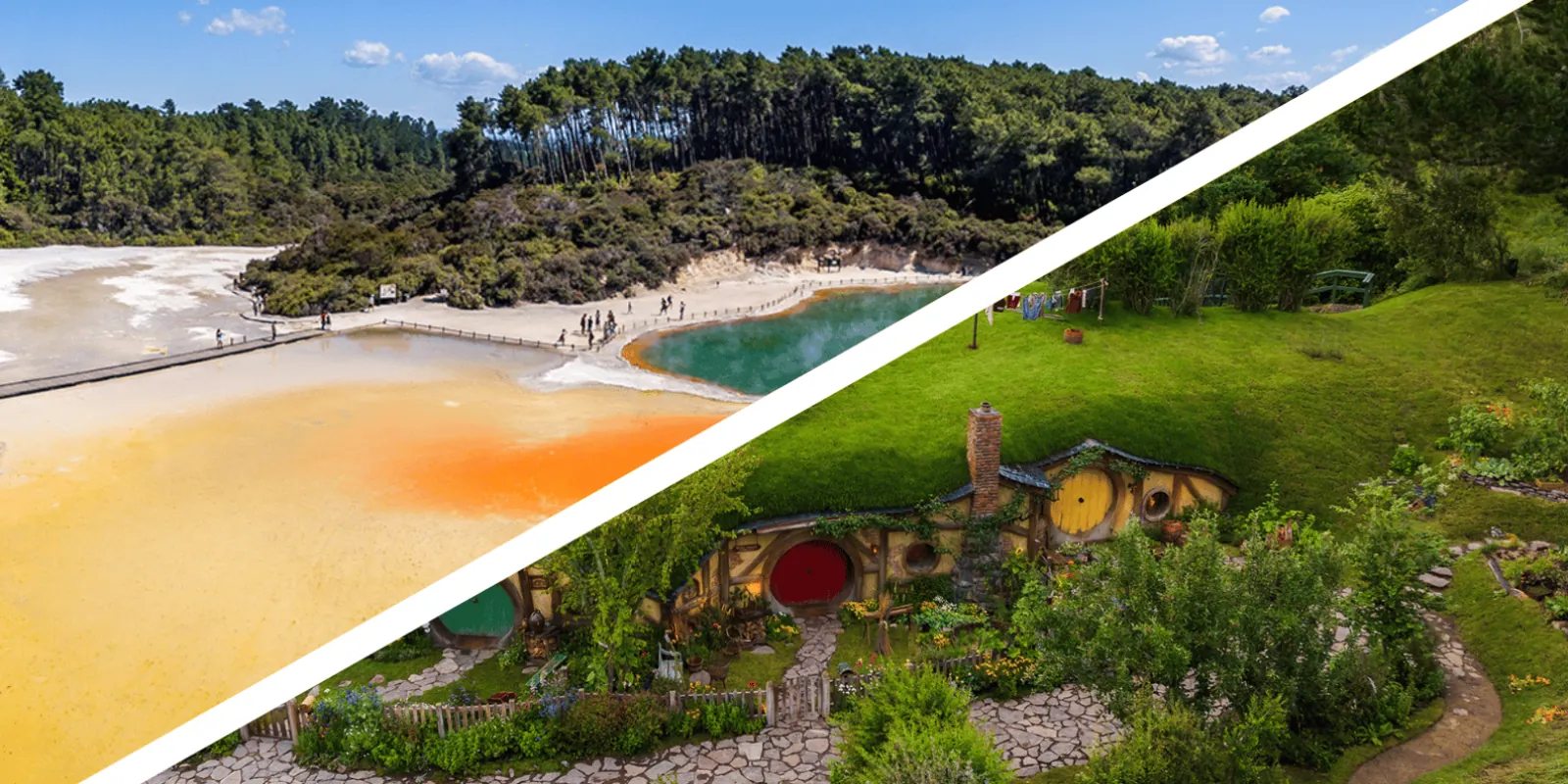 Split view of the Wai-O-Tapu thermal flats and a hobbit hole at the Hobbiton Movie Set