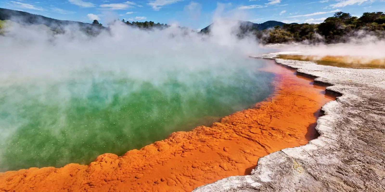 The Champagne Pool at Wai-O-Tapu, orange shelf and green water under drifting steam