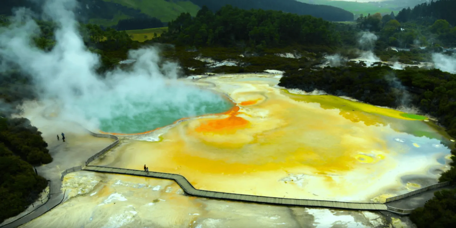 Aerial view of the Champagne Pool and Artist's Palette with the Wai-O-Tapu boardwalk crossing between them